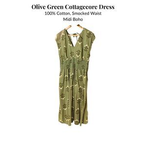 Cottagecore Green 100% Cotton Floral Boho Prarie Dress